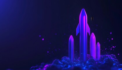Spacecraft launch: neon rockets ascending through glowing clouds