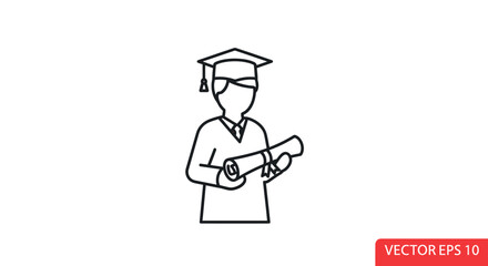 Outline Icon of a Student Graduate Holding a Rolled Diploma.