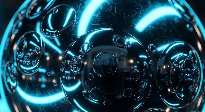 Abstract chrome spheres with blue neon light reflections, futuristic design. - Powered by Adobe