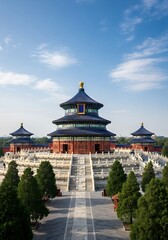 A grand, circular temple complex with tiered walkways, showcasing intricate architectural details under a clear sky.