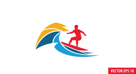 Silhouette of a surfer riding a stylized wave with colorful crest.