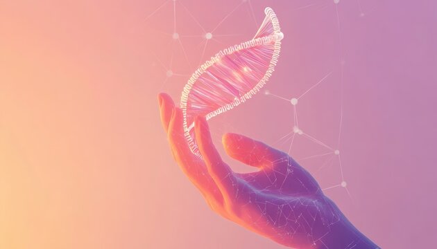 Hand gently holding a dna strand against a soft pink and orange background