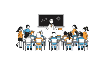 Classroom Scene with Teacher and Students at Desks in Learning Environment.