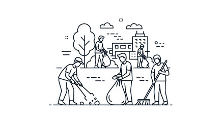 Community volunteers cleaning up park with trash bags and brooms.