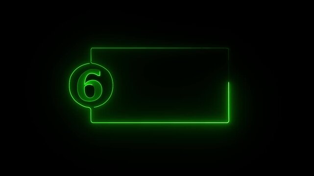 colorful glowing neon 6 text icon animation. Square rectangle picture frame with one tone neon color motion graphic on isolated black a background.4k video black background,