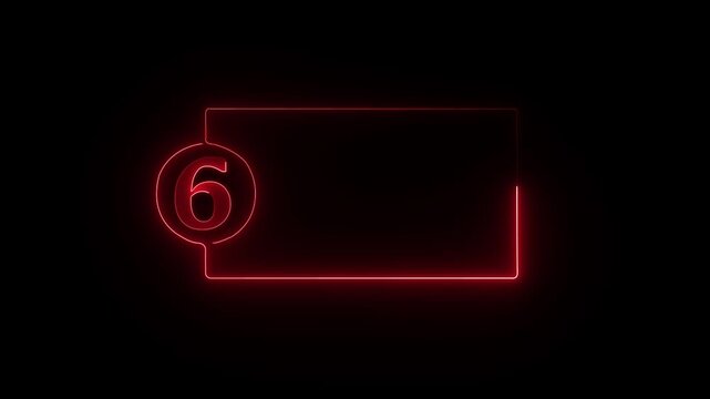 colorful glowing neon 6 text icon animation. Square rectangle picture frame with one tone neon color motion graphic on isolated black a background.4k video black background,