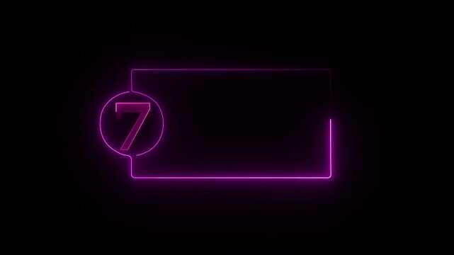 colorful glowing neon 7 text icon animation. Square rectangle picture frame with one tone neon color motion graphic on isolated black a background.4k video black background,