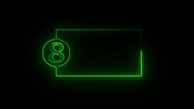 colorful glowing neon 8 text icon animation. Square rectangle picture frame with one tone neon color motion graphic on isolated black a background.4k video black background,