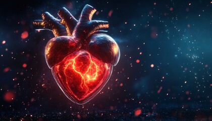 Fiery human heart glowing with internal light