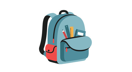 Light Blue Backpack with School Supplies Illustration.