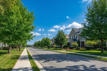 A residential street lined with trees and houses under a bright blue sky with scattered clouds above