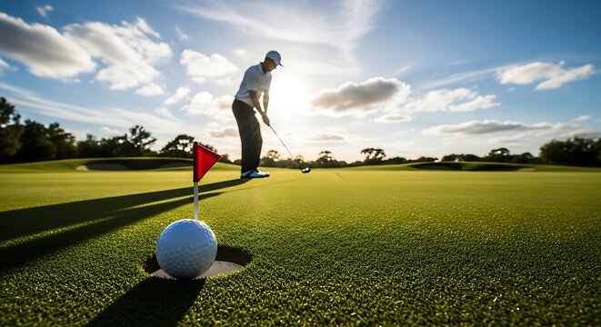 A golfer in a dynamic stance, about to putt, on a lush green golf course under a bright, sunny sky.