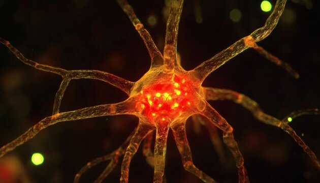 Microscopic view of a neuron with glowing red soma and yellow-green axons