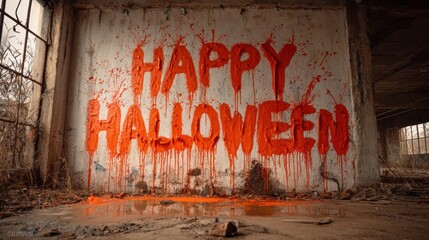 Grunge Happy Halloween message spray-painted in bright orange on a decayed wall of an abandoned building, with dripping paint and urban horror atmosphere, gritty and spooky style