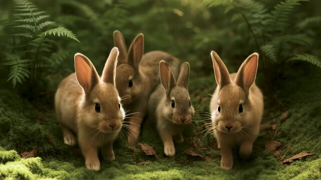  Rabbits explore clearing, rabbits nibble leaves, soft light paints rabbits golden. concept wildlife appreciation.