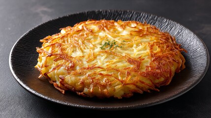 A potato pancake sits on a plate atop a black table.

Crispy fried potato cake presented on a plate, placed on a dark table.

Potato pancake served on a plate against a black table backdrop