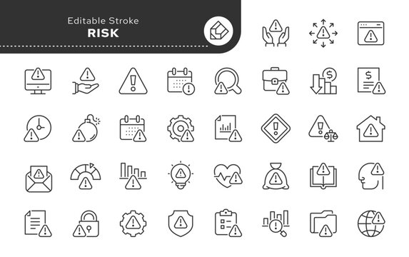 Risk line icon set. Warning, crisis, adverse event, threat, negative risk, error, malfunction, spam, alert and more . Outline icon in linear style. Vector collection.	