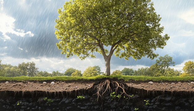A tree in the rain, its roots exposed, revealing the soil layers beneath