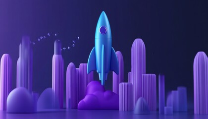 Blue rocket launching from purple cloud over abstract cityscape