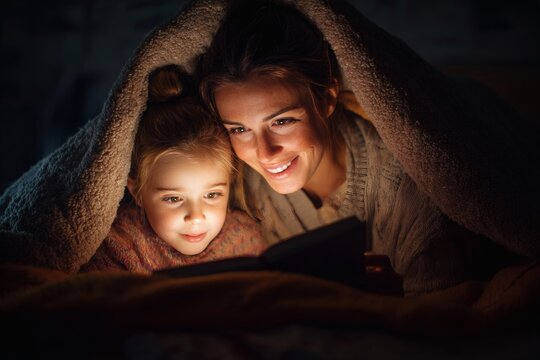 Mother and daughter snuggled under a blanket, reading a book together at night