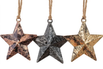 Three rustic star ornaments with twine hangers vintage metal decorations for Christmas and holiday themes isolated on white