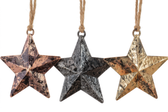 Three rustic star ornaments with twine hangers vintage metal decorations for Christmas and holiday themes isolated on white