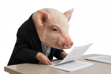 Anthropomorphic pig in business suit sitting at a desk, reviewing important document, representing finance and bureaucracy