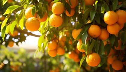 Oranges hang from branches of the lush tree, capturing sunlight in a vibrant display of color