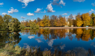 A colorful autumn landscape featuring Kolonistsky Pond in Otdelny Park, with trees reflected in the...