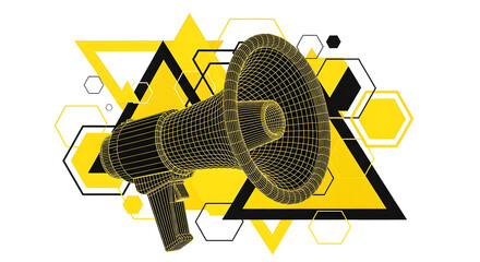 Wireframe megaphone illustration with yellow geometric shapes abstract vector design for marketing and advertising isolated on white background