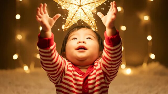 Baby Reaching for Christmas Star - A cute baby wearing a red and white striped sleeper reaches up towards a golden Christmas star.