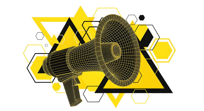 Wireframe megaphone illustration with yellow geometric shapes abstract vector design for marketing and advertising isolated on white background - Powered by Adobe