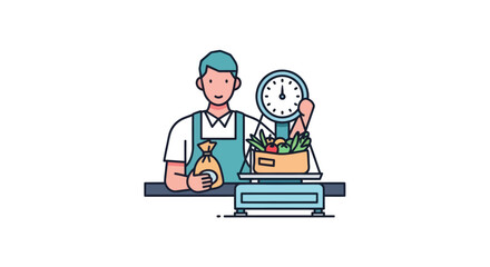 Grocer weighing fresh produce on a vintage scale with a bag of goods.