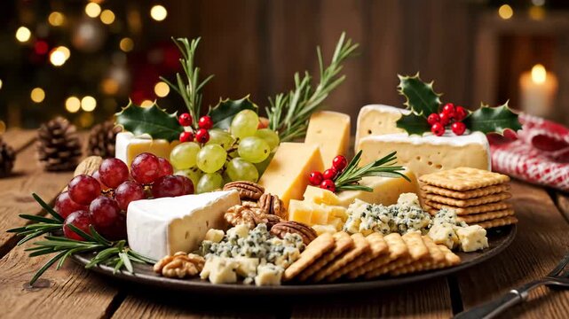 Festive Cheese and Charcuterie Board - A close-up of a rustic cheese board featuring a variety of cheeses, grapes, crackers, walnuts, and rosemary sprigs, decorated with holly berries.