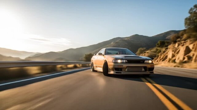 Tan sports car on a mountain road at sunset