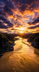 Dramatic Sunset Over a Golden River Canyon.