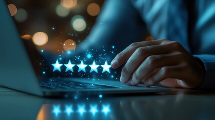 Customer satisfaction service concept: Businessman rating 5-star satisfaction on online application, satisfaction feedback review, and good quality.