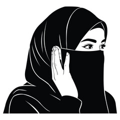 Creative design vector art of black and white illustration of a muslim woman wearing a hijab and niqab