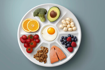 Vector illustration of balanced plate with low glycemic foods, clean infographic style