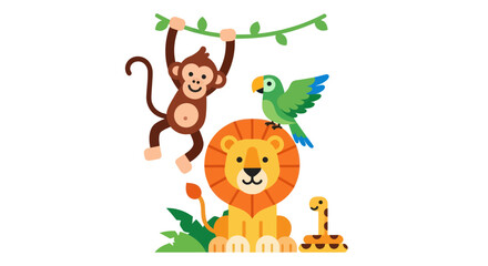 Adorable cartoon jungle animals including a monkey lion parrot and snake. © wong