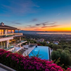 Obraz premium Luxury Villa with Infinity Pool Overlooking the Sea at Sunset.