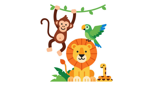 Adorable cartoon jungle animals including a monkey lion parrot and snake.