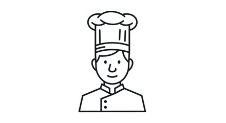 Line art illustration of a smiling male chef wearing a tall toque hat.