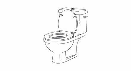 Detailed Line Drawing of a Modern Toilet with Open Seat and Lid.