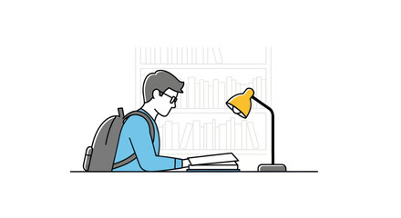 Young Student Reading Book Under Desk Lamp Backpack Present.