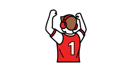 Cartoon Figure in Red Jersey with Headphones Celebrating Victory.