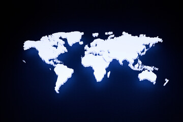 Glowing white LED world map with continents glows on a black background. Creative idea. Globalization and business development concept. Web technologies.