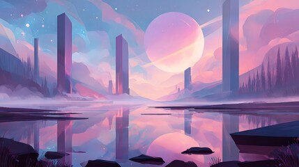 Dreamlike scenery. Futuristic sci-fi design for meditation and mindfulness. Abstract web graphic architecture. Fantasy world vector background.
 