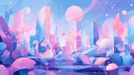 Dreamlike scenery. Futuristic sci-fi design for meditation and mindfulness. Abstract web graphic architecture. Fantasy world vector background.
 