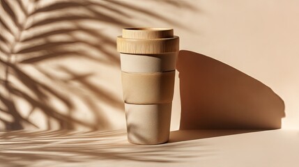 Eco-friendly reusable travel mug made of bamboo on a neutral beige backdrop with natural shadows. A sustainable lifestyle choice, promoting zero waste. Seen from a high angle.
 